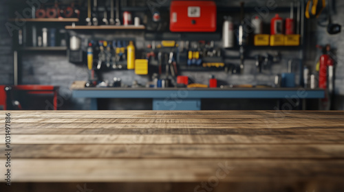 Empty Wooden Tabletop with a Garage Background.