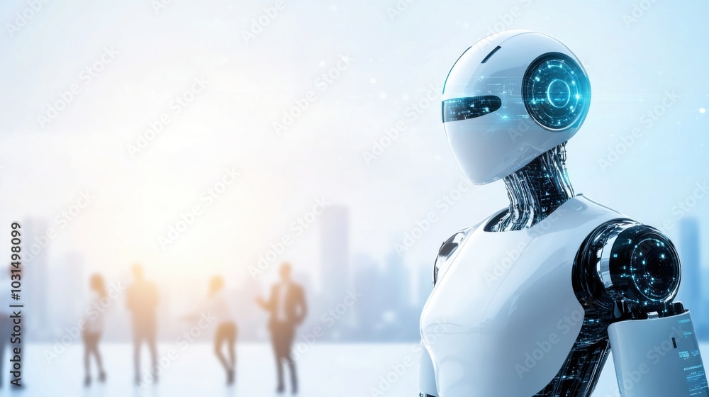 Naklejka premium Futuristic robot stands against a city skyline, showcasing advanced technology and human innovation in a modern setting.