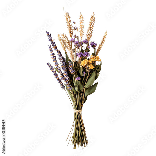 A beautiful bouquet of dried flowers featuring lavender, wheat, and colorful accents, perfect for home decor and arrangements.