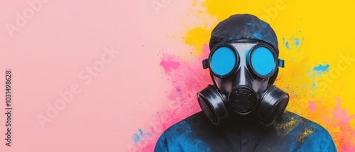 Surreal Close Up of Person in Gas Mask with Vibrant Paint Splashes photo