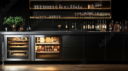 Stylish modern kitchen bar with illuminated wine fridge and liquor cabinets, showcasing an elegant nighttime ambiance
