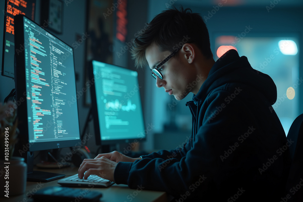 Young man, possibly a software developer or it professional, is focused on his work at a desk with multiple computer monitors displaying code and data. Young man, possibly a software developer or it professional, is focused on his work at a desk with multiple computer monitors displaying code and data.