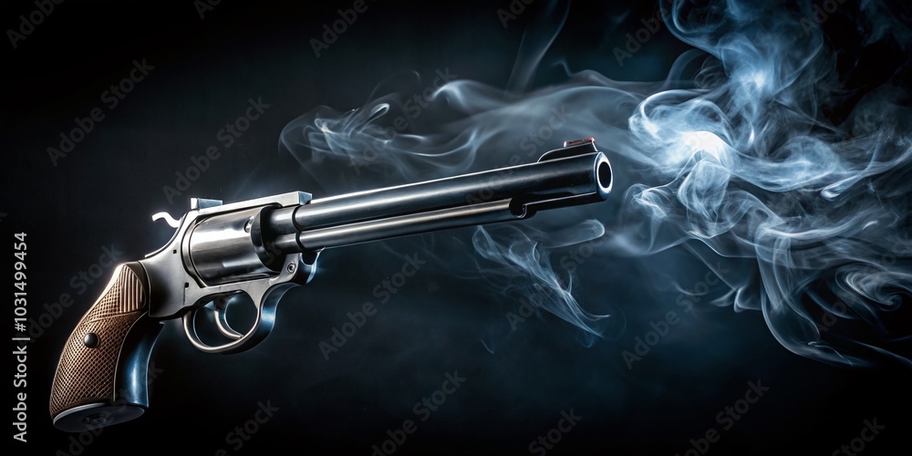 Minimalist Close-Up of a Smoking Gun Barrel with Dramatic Lighting Against Dark Background Minimalist Close-Up of a Smoking Gun Barrel with Dramatic Lighting Against Dark Background
