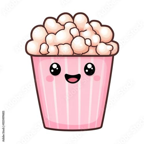 Cute cartoon popcorn bucket with a smiling face. Perfect for food-themed designs, parties, or movie nights.