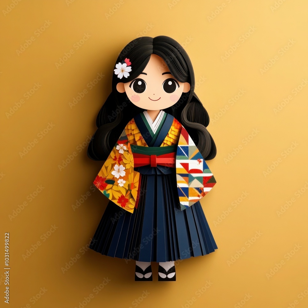 Japanese Girl in Kimono with Cherry Blossoms, Paper Art Style - Vector Illustration of National Dress and Craft Japanese Girl in Kimono with Cherry Blossoms, Paper Art Style - Vector Illustration of National Dress and Craft