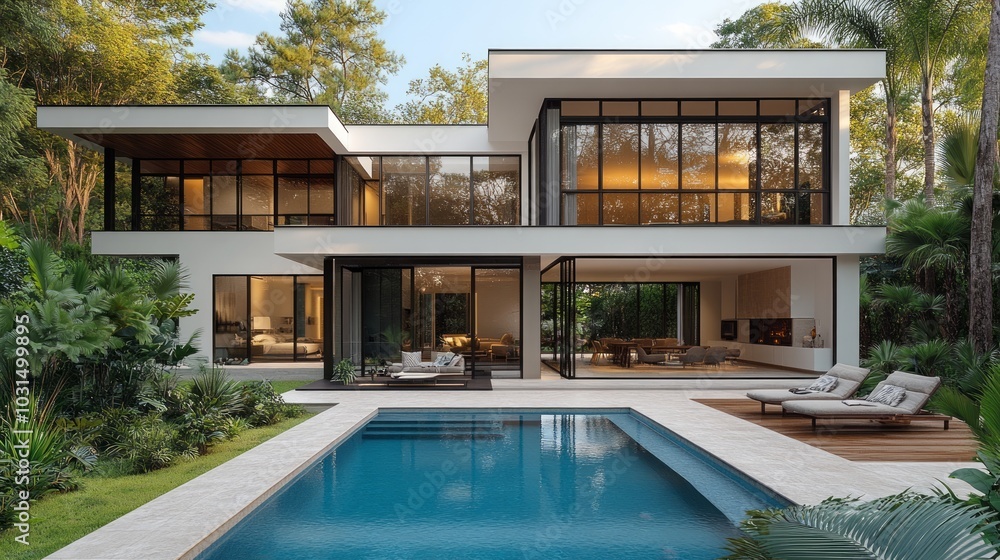 Fototapeta premium Contemporary Elegance: A Stylish Home with a Beautiful Pool for Relaxation