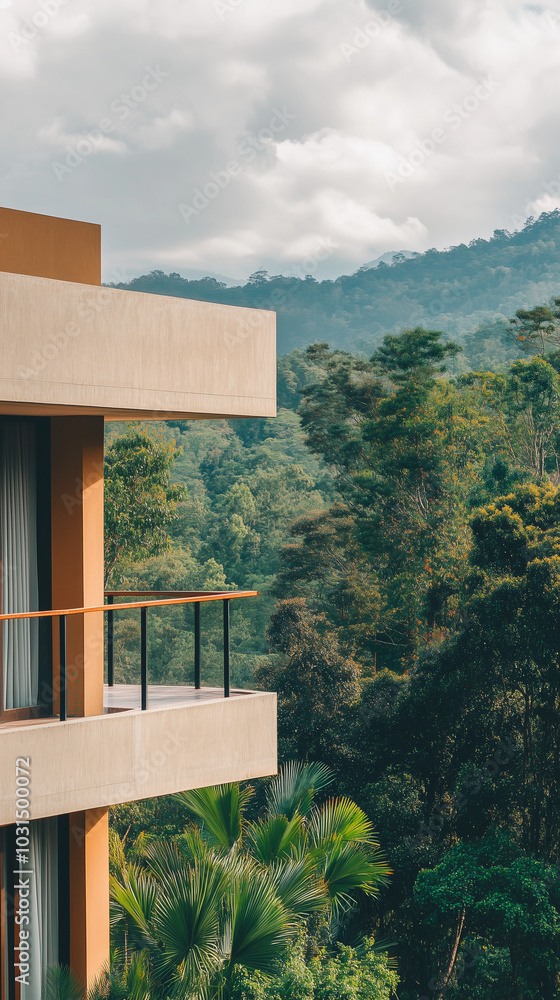 Fototapeta premium A Modern Interior Terrace Overlooking the Forest.