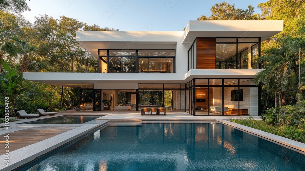 Obraz premium Architectural Beauty: A Modern Home Featuring an Inviting Swimming Pool