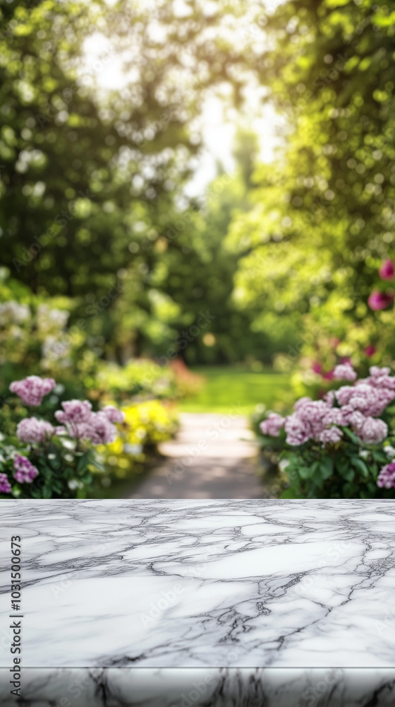 Obraz premium Marble Tabletop on a Flower Garden Background.