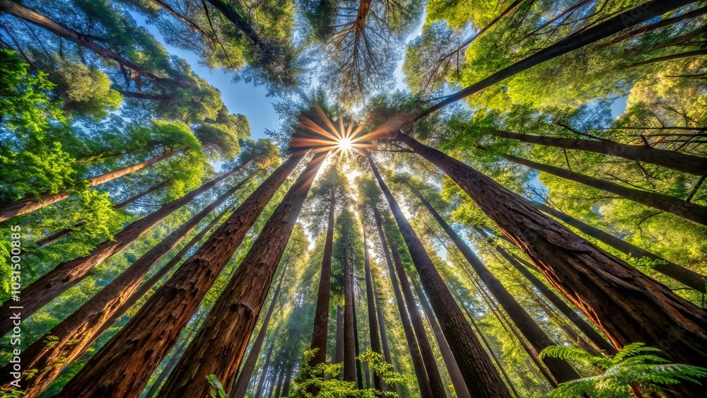 A radiant sunbeam bursts through a canopy of towering trees, casting a celestial glow on the forest floor. A radiant sunbeam bursts through a canopy of towering trees, casting a celestial glow on the forest floor.