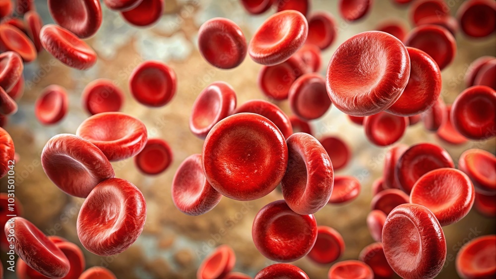 A mesmerizing microscopic dance of life-sustaining cells, each a vibrant red disc swirling and floating through a vibrant, abstract background. A mesmerizing microscopic dance of life-sustaining cells, each a vibrant red disc swirling and floating through a vibrant, abstract background.
