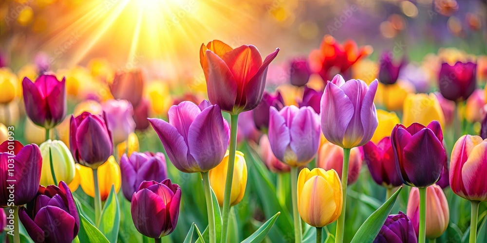A symphony of colors and light as a warm sun shines down on a vibrant field of blooming tulips A symphony of colors and light as a warm sun shines down on a vibrant field of blooming tulips