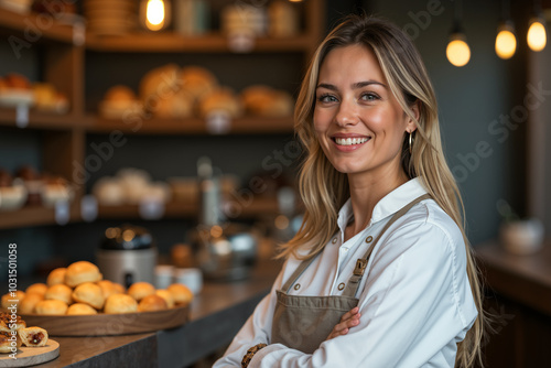 Smiling woman with blonde hair, wearing a white shirt and apron, stands behind a counter filled with various baked goods, suggesting she is a baker or pastry chef.