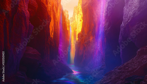 A narrow canyon filled with layers of colorful mist that shift between vibrant hues as the wind blows