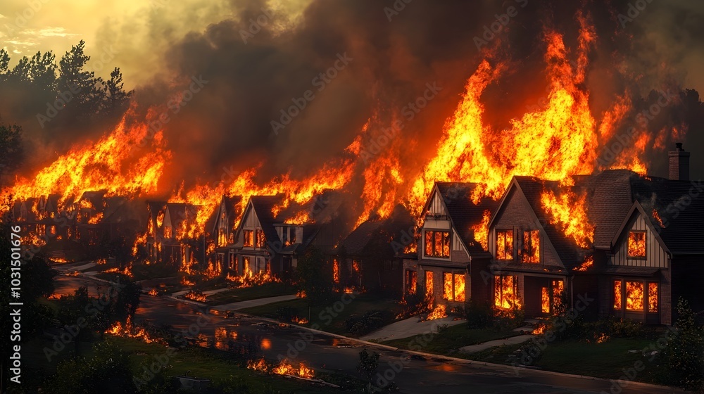 Raging Wildfire Engulfing Suburban Neighborhood Homes Ablaze Residents Fleeing Environmental Disaster Raging Wildfire Engulfing Suburban Neighborhood Homes Ablaze Residents Fleeing Environmental Disaster
