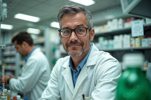 Pharmacist with a beard and glasses is smiling at the camera, surrounded by shelves of medications in his professional setting.