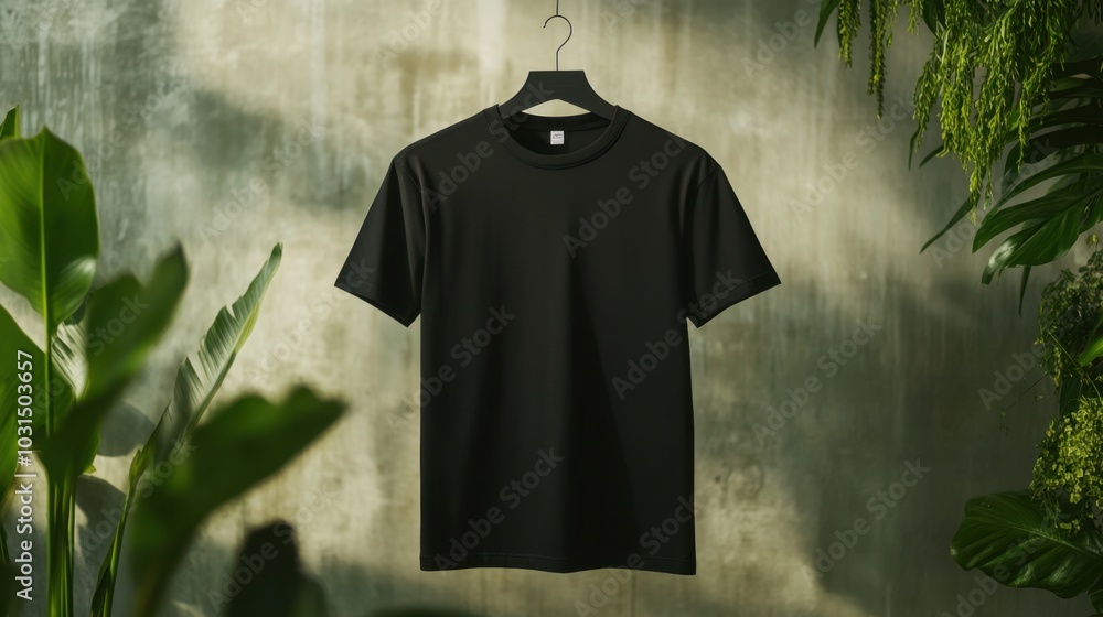Blank Black T Shirt Mockup on Concrete Wall with Green Plants Blank Black T Shirt Mockup on Concrete Wall with Green Plants