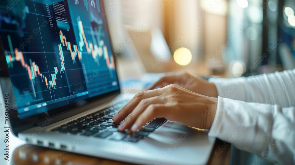 Close-up of a businesswoman typing on a laptop with financial charts on the screen Close-up of a businesswoman typing on a laptop with financial charts on the screen