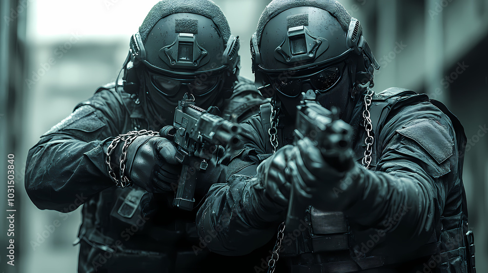 Two men in dark uniforms wielding firearms in a dimly lit room. Two men in dark uniforms wielding firearms in a dimly lit room.