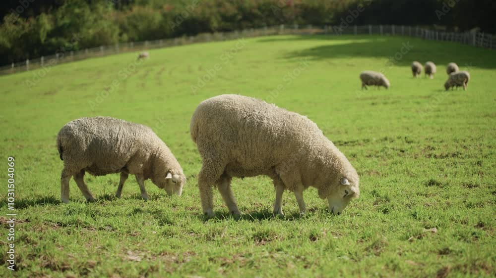 Close-up of Two Merino Sheep Grazing Grass in Foreground and Herd of Animals on Mountain Slope Field in Background Feeding on Summer Sunny Day - slow motion Close-up of Two Merino Sheep Grazing Grass in Foreground and Herd of Animals on Mountain Slope Field in Background Feeding on Summer Sunny Day - slow motion
