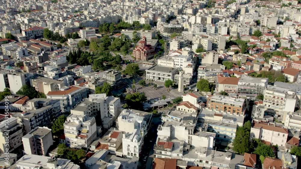 Xanthi Greece Aerial View of City Center and Central Plaza, Tower Clock Square, Thrace Region Xanthi Greece Aerial View of City Center and Central Plaza, Tower Clock Square, Thrace Region