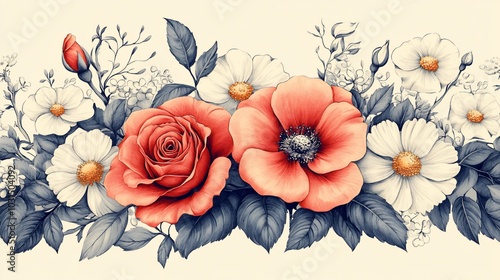 A seamless pattern of blooming roses, poppies, and daisies in a vintage style.