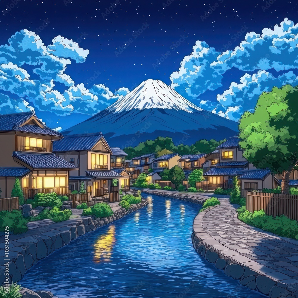 Naklejka premium Nighttime Serenity: Japanese Village with Buddhist Temple and Shinto Shrine, Featuring Mount Fuji in Dark Fantasy Anime Comics Artstyle
