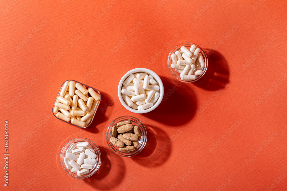 Organic dietary supplements, many capsules of vitamins and minerals in small bowls from above on an orange background. Nutritional supplements, pills and tablets, top view. Healthy lifestyle. Organic dietary supplements, many capsules of vitamins and minerals in small bowls from above on an orange background. Nutritional supplements, pills and tablets, top view. Healthy lifestyle.