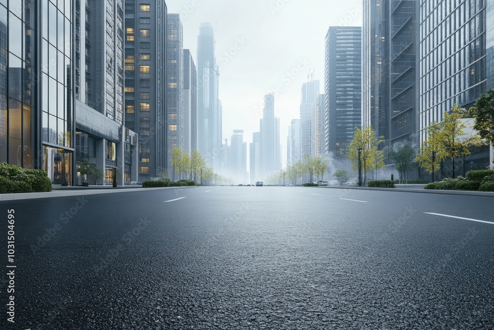 Empty City Street with Skyscrapers and Fog Empty City Street with Skyscrapers and Fog