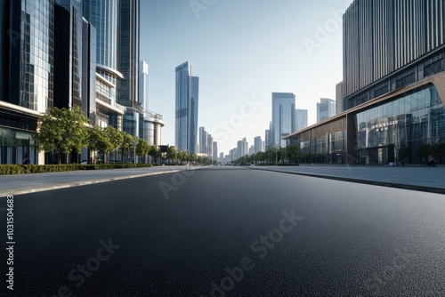 Empty Street with Modern Skyscrapers in City Downtown