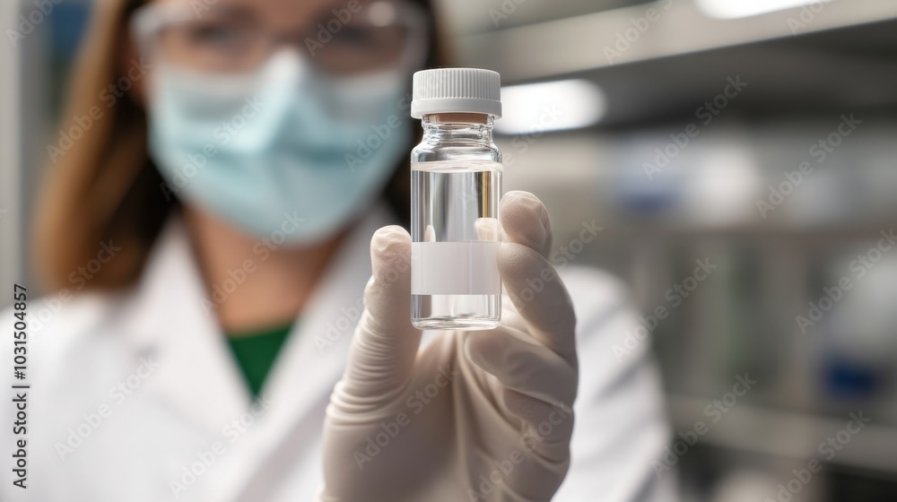 Scientist Holding Small Glass Bottle with Label in Lab Scientist Holding Small Glass Bottle with Label in Lab