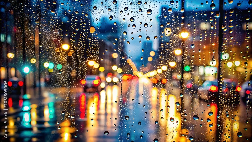 A View Through Raindrops of a City Street at Night with Blurred Lights and Reflections A View Through Raindrops of a City Street at Night with Blurred Lights and Reflections