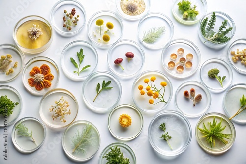 Minimalist Petri Dish Collection with Natural Elements on White Surface for Stunning Aesthetic