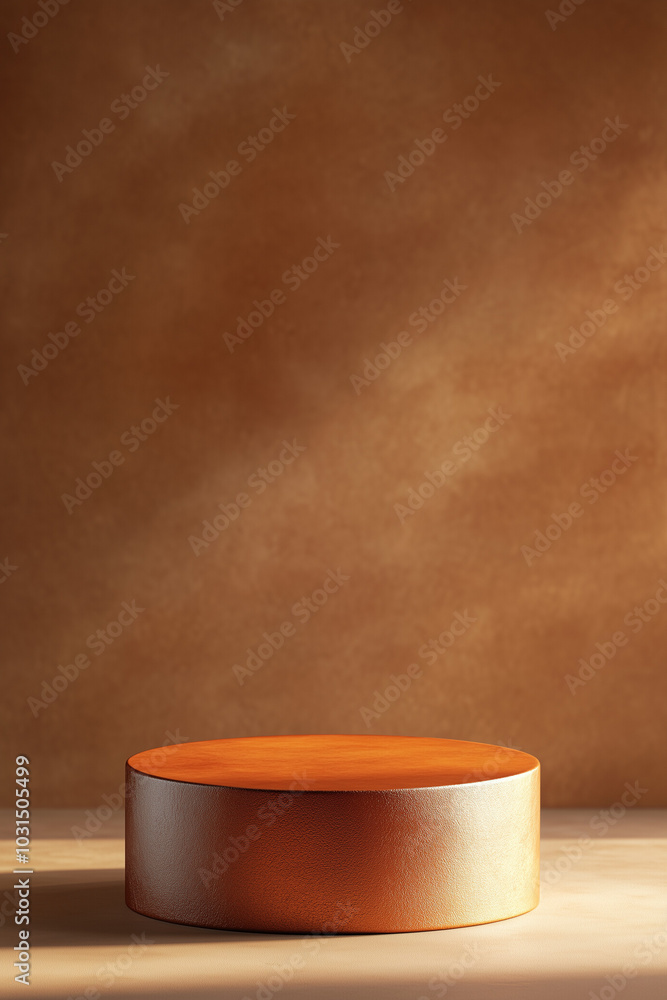 A Wooden Podium in an Empty Orange Grunge Studio for Product Display. A Wooden Podium in an Empty Orange Grunge Studio for Product Display.