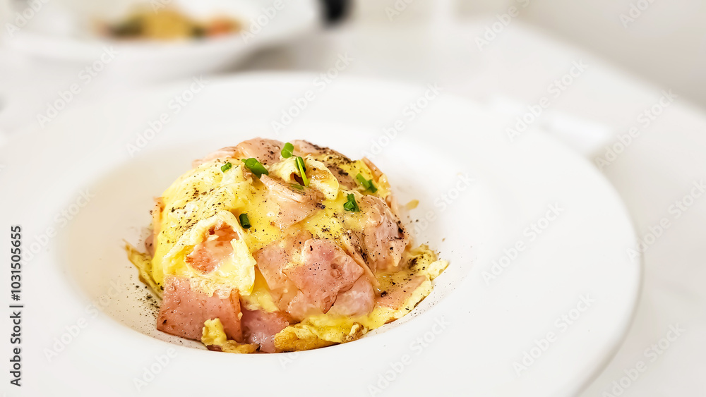 Scrambled Eggs With Ham and Mushroom top on Rice. Scrambled Eggs With Ham and Mushroom top on Rice.