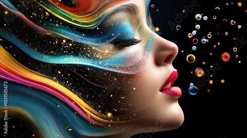 Woman Face Art with Colorful Abstract Waves and Glittering Background