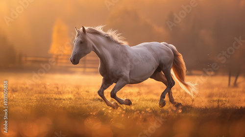 Majestic Horse Running in Vibrant Field Captivating Composition and Dynamic Details