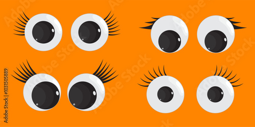 A set of plastic toy eyes. Glossy, bulging, puppet eyes. Cute, round, vector, isolated elements. Look down, up, left, right. Different, shaking, silly, hilarious pairs of eyeballs.