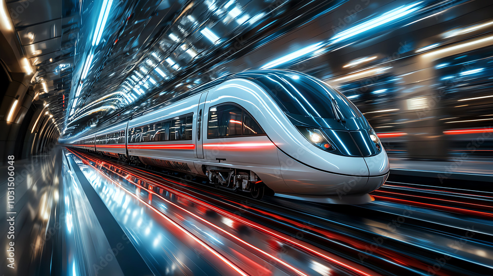 Fototapeta premium Futuristic train speeding through a modern underground station with dynamic lighting and motion blur.