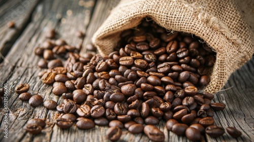 Close-up of coffee beans spilling out of a burlap sack onto a wooden surface