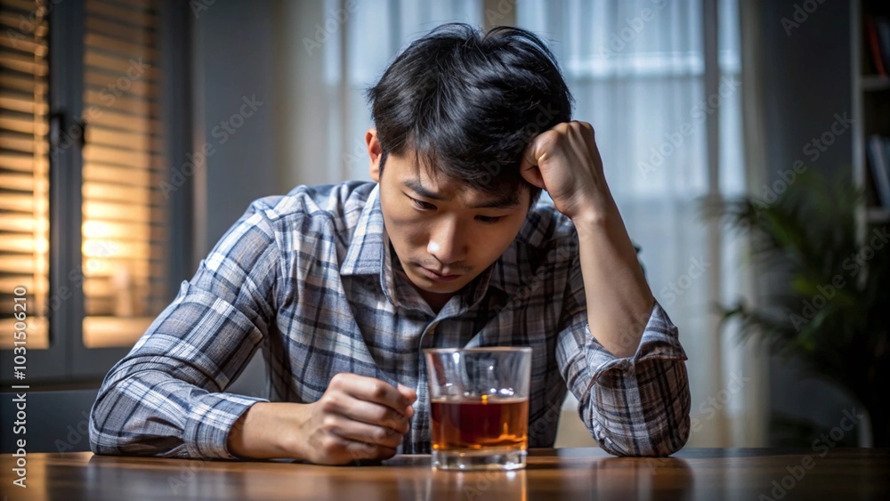 Depressed Asian Man Refusing Alcohol - Alcoholism and Addiction Concept Depressed Asian Man Refusing Alcohol - Alcoholism and Addiction Concept