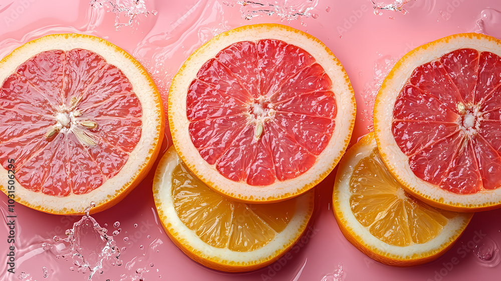 Four grapefruit slices on a pink background Four grapefruit slices on a pink background