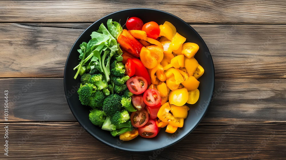 seen from above, fruits and vegetables in a black plate with a wooden table background, world vegan day concept