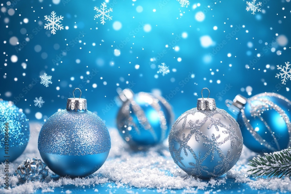 A festive arrangement of blue and silver Christmas ornaments on a snowy surface, creating a cheerful winter atmosphere. A festive arrangement of blue and silver Christmas ornaments on a snowy surface, creating a cheerful winter atmosphere.