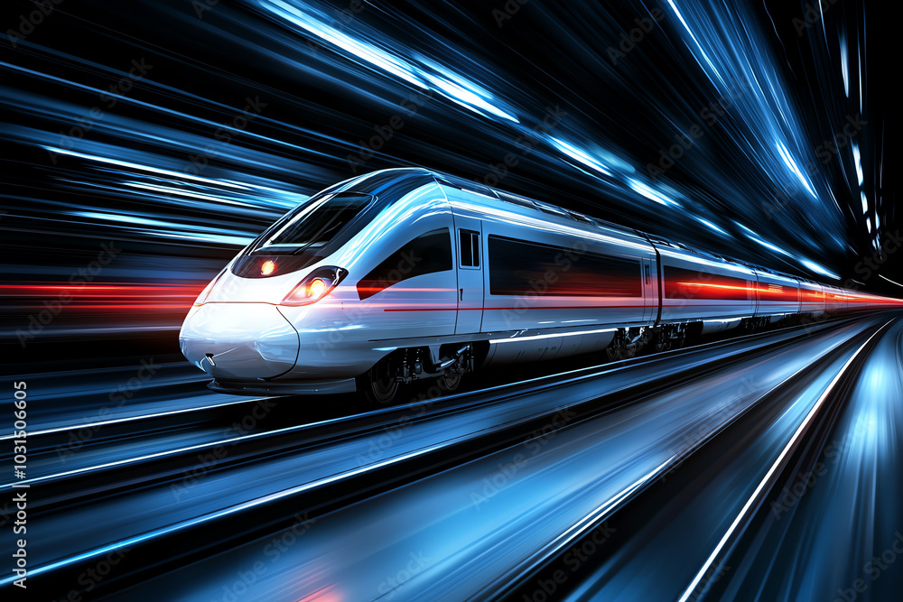 High-speed train in motion with dynamic light effects on a blurred background. High-speed train in motion with dynamic light effects on a blurred background.