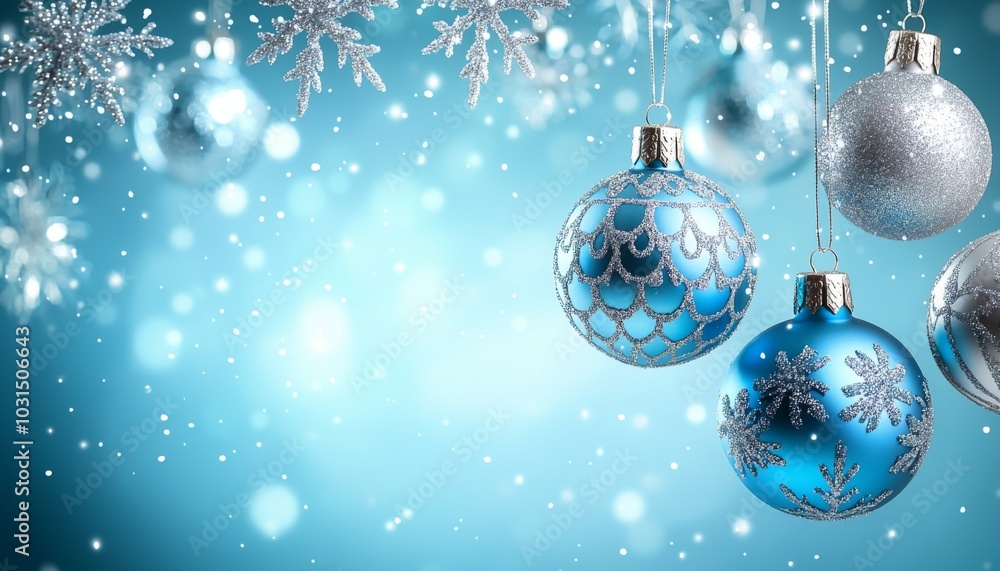 A festive arrangement featuring blue and silver Christmas ornaments against a soft, sparkling background, evoking holiday cheer. A festive arrangement featuring blue and silver Christmas ornaments against a soft, sparkling background, evoking holiday cheer.