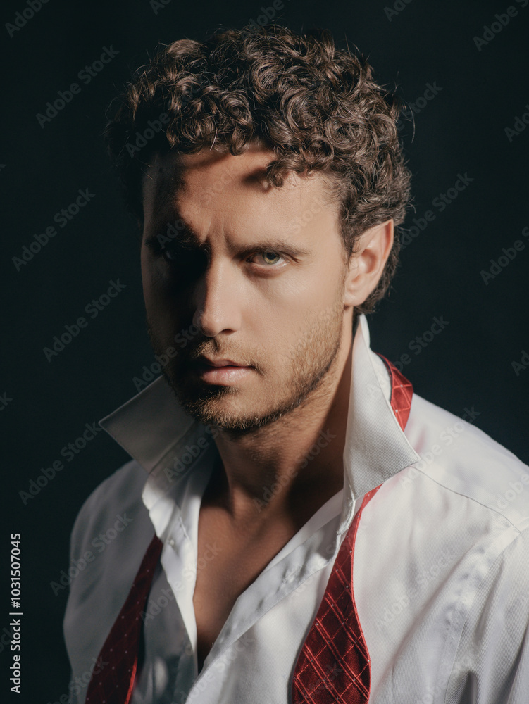 Serious man with unshaven face in shirt and untied bow closeup. Portrait of the handsome man. A Hipster guy model headshot. Male face. Young handsome man. Confident male model. Man looking proud. Serious man with unshaven face in shirt and untied bow closeup. Portrait of the handsome man. A Hipster guy model headshot. Male face. Young handsome man. Confident male model. Man looking proud.