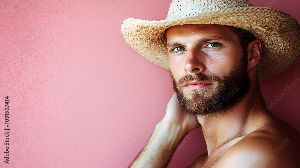Bearded man in straw hat by pink wall Bearded man in straw hat by pink wall