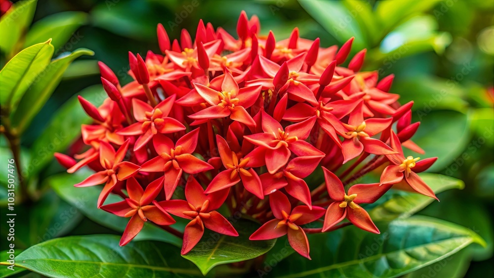 A vibrant cluster of scarlet blossoms, their intricate petals unfurling in a symphony of color against a backdrop of verdant foliage. A vibrant cluster of scarlet blossoms, their intricate petals unfurling in a symphony of color against a backdrop of verdant foliage.