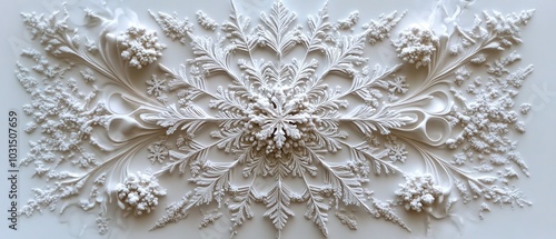 Intricate snowflake featuring delicate details, suspended against a soft white canvas, capturing the essence of winters beauty and natural designs